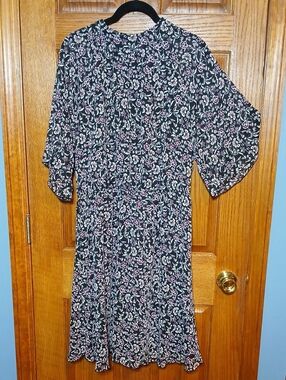 Ann Taylor Factory Black Floral Midi Dress with Pink & White Blooms 16
